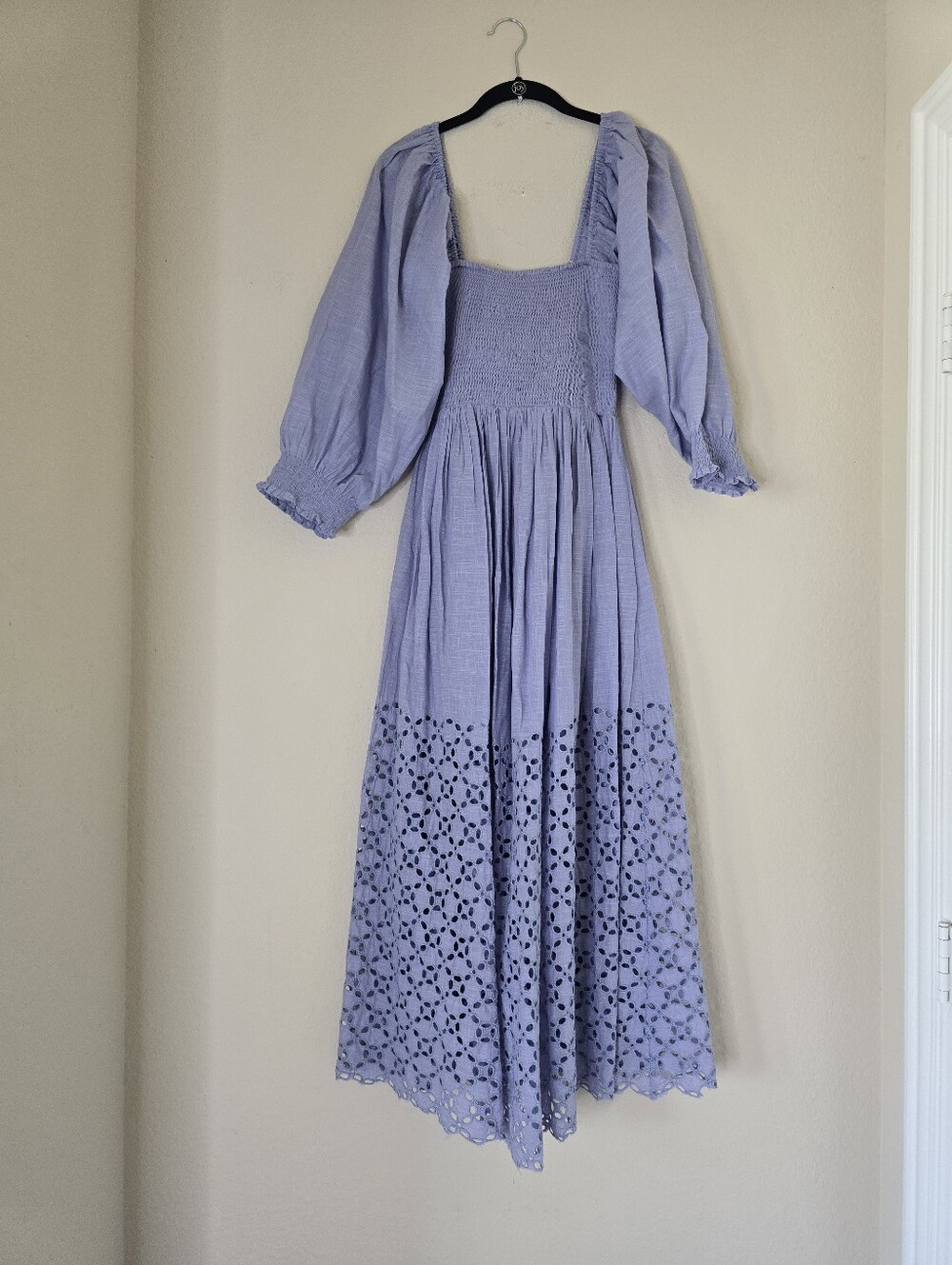 Free People Perfect Storm Midi Dress Size XS Blue Heron Smocked Eyelet